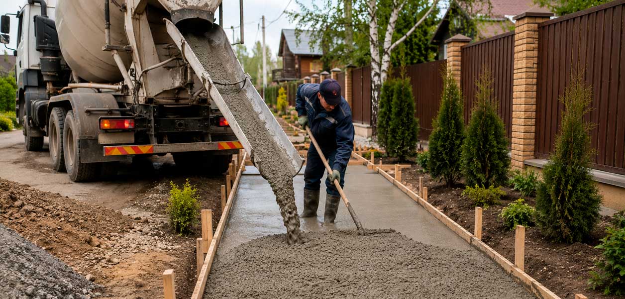 Стоимость бетона для дорожек и тротуаров с учетом объема и доставки